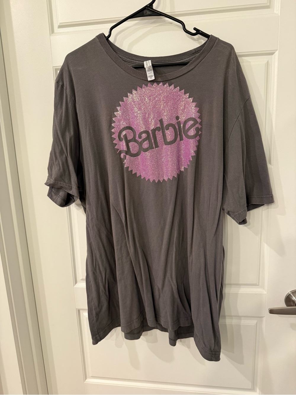 Barbie women’s Gray Tee with Pink Glitter Logo